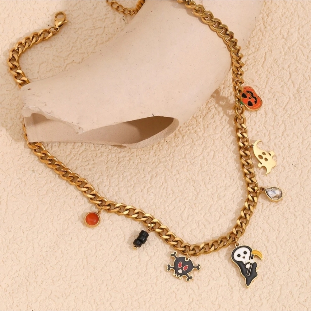 Spooky Chic 18K Gold Plated Halloween Charm Necklace With Ghost, Pumpkin & Skull - Picture 2 of 10